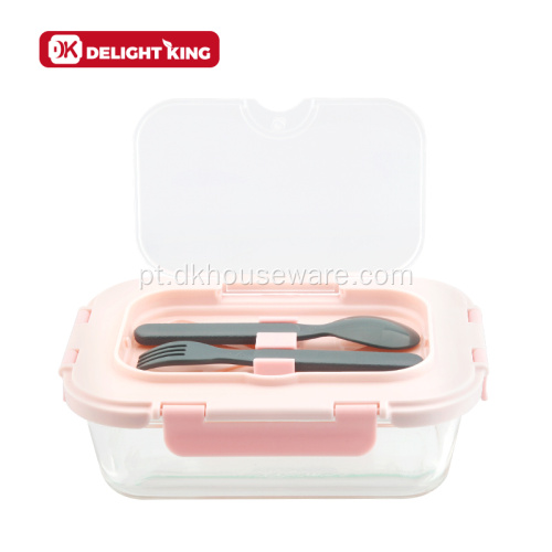 Bento escolar em vidro borosilicato seguro para micro-ondas com talheres